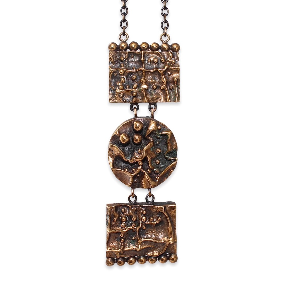 Vintage Brutalist Bronze Pendant Necklace Long Triple Panel Abstract Modernist